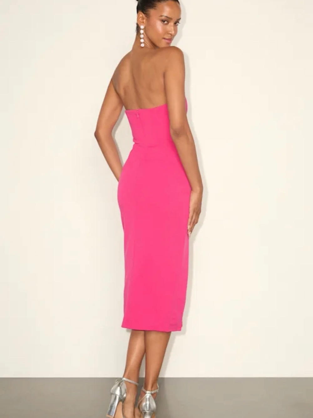 NWT Lulus Strapless Pink Midi Dress with sheer side panel, button details & slit - Picture 4 of 13